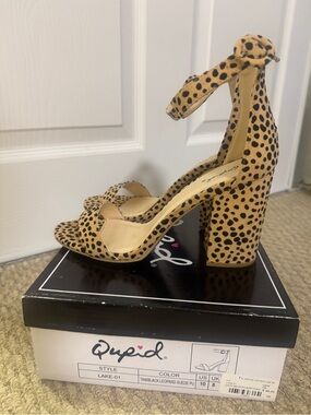 Qupid Tan and Black Leopard Ankle-Strap Block Heels